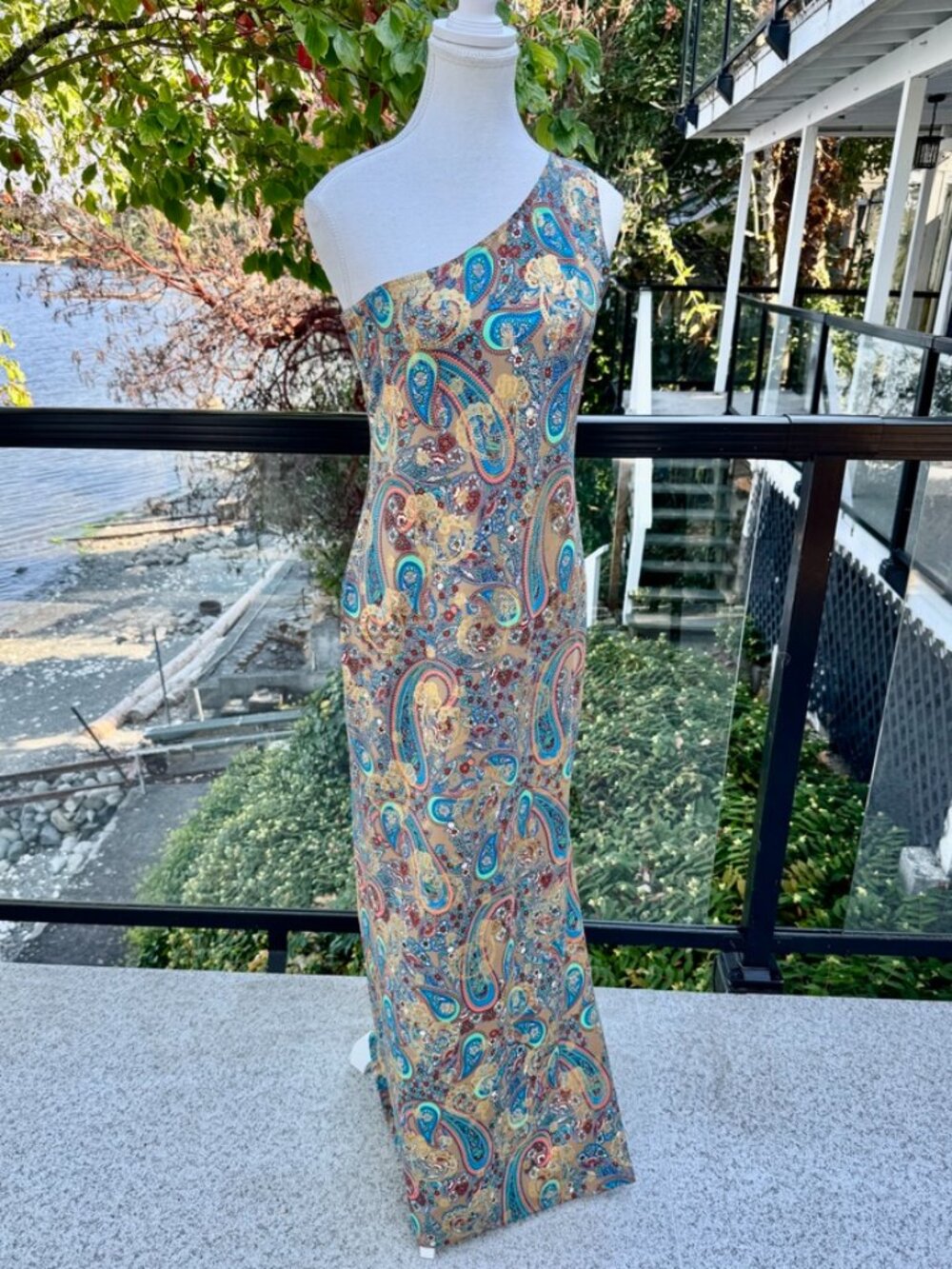 Gold Teal Multicolour Paisley One Shoulder Maxi Dress Size S